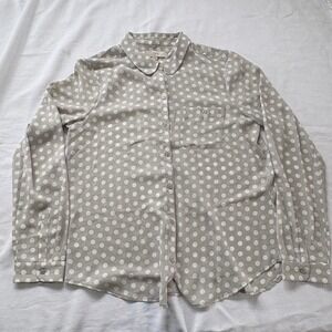 LOFT Grey White Polka Dot Peter Pan Collar Button Down Blouse Shirt Womens M